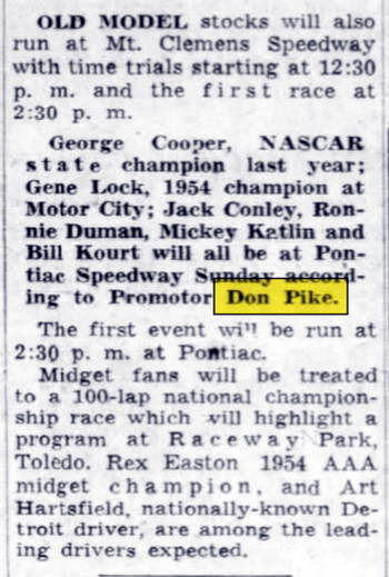 Pontiac Speedway (M-59 Speedway) - May 1955 Article About Don Pike